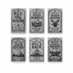 Six custom printed LEGO® 2x3 tombstone tiles with funny epitaphs arranged in two rows for a Halloween graveyard MOC.