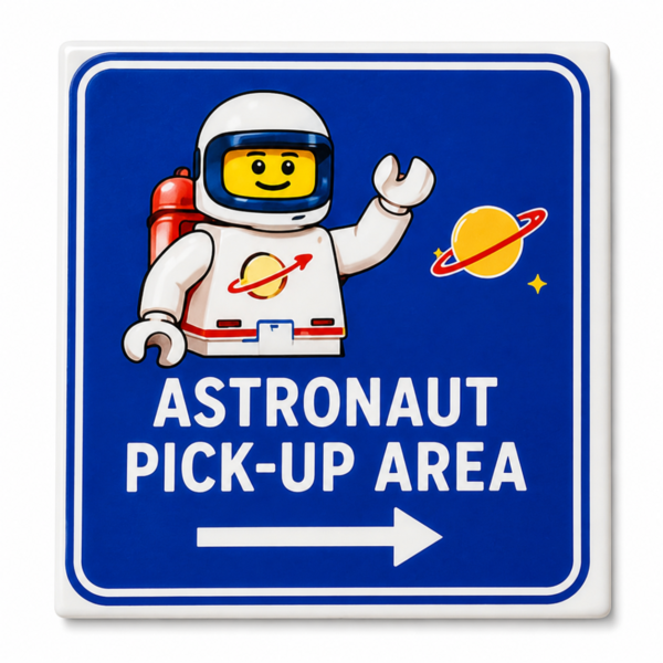 Astronaut Pick-Up Area custom printed LEGO® 2x3 tile with astronaut, planet and directional arrow