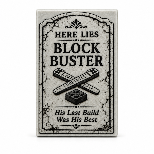 Block Buster custom printed LEGO® 2x3 tombstone tile on medium stone gray tile