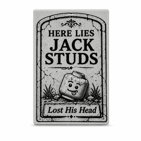 Jack Studs Lost His Head custom printed LEGO® 2x3 tombstone tile in medium stone gray