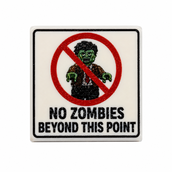 No Zombies Beyond This Point custom printed LEGO® 2x2 tile with zombie warning sign