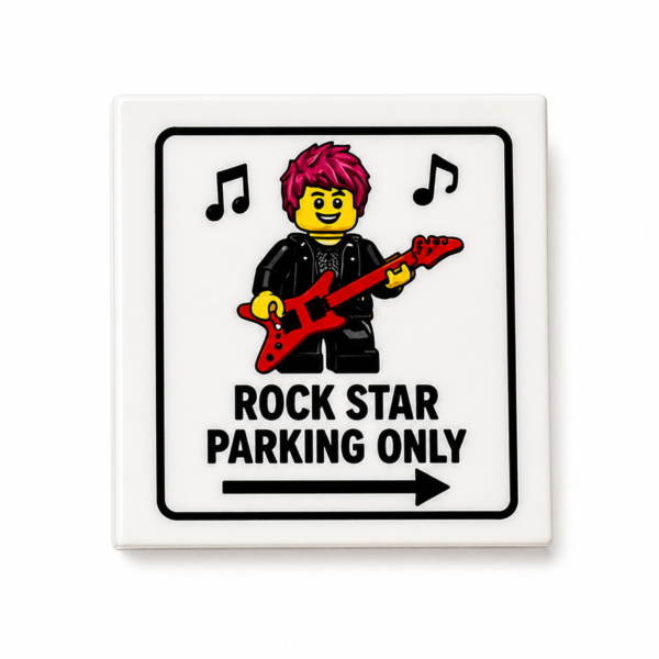 Rock Star Parking Only custom printed LEGO® 2x2 tile with guitar player and arrow