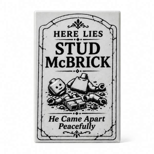 Stud McBrick custom printed LEGO® 2x3 tombstone tile in medium stone gray