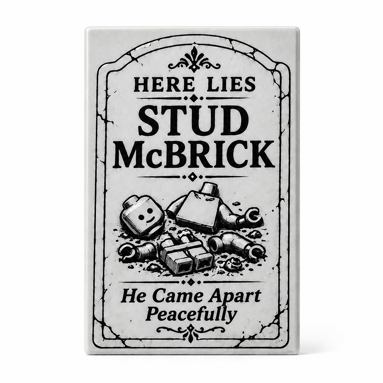 stud-mcbrick-custom-lego-2x3-tombstone-tile Stud McBrick custom printed LEGO® 2x3 tombstone tile in medium stone gray