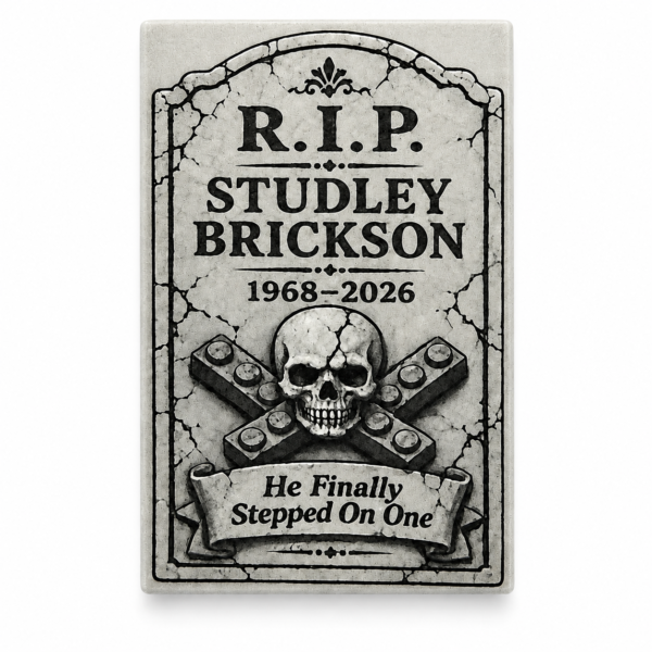 Studley Brickson custom printed LEGO® 2x3 tombstone tile in medium stone gray