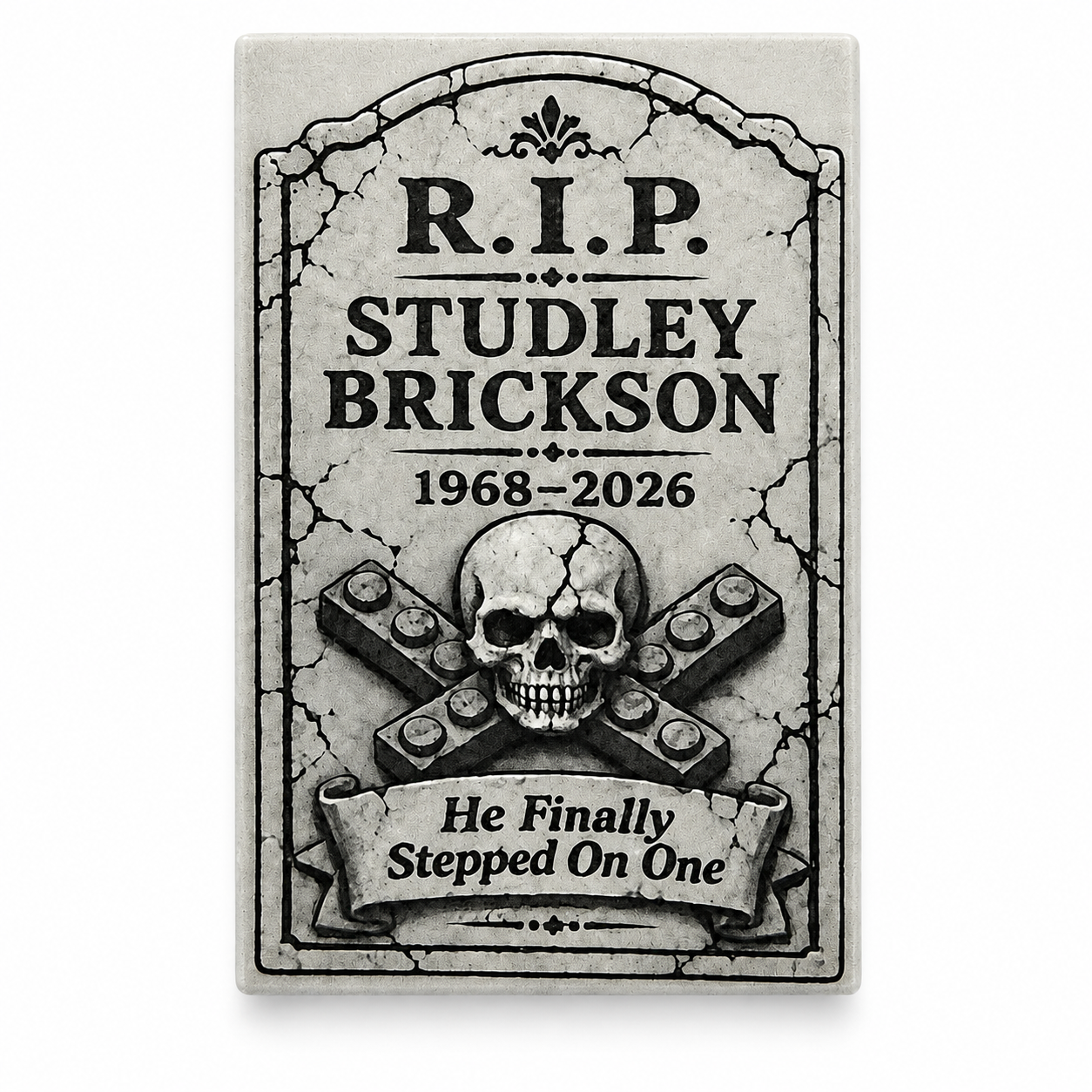 studley-brickson-custom-lego-2x3-tombstone-tile Studley Brickson custom printed LEGO® 2x3 tombstone tile in medium stone gray