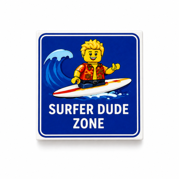 Surfer Dude Zone custom printed LEGO® 2x2 tile with surfer riding a wave