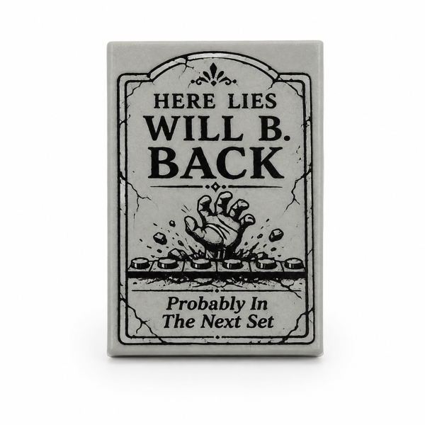 Will B. Back custom printed LEGO® 2x3 tombstone tile in medium stone gray